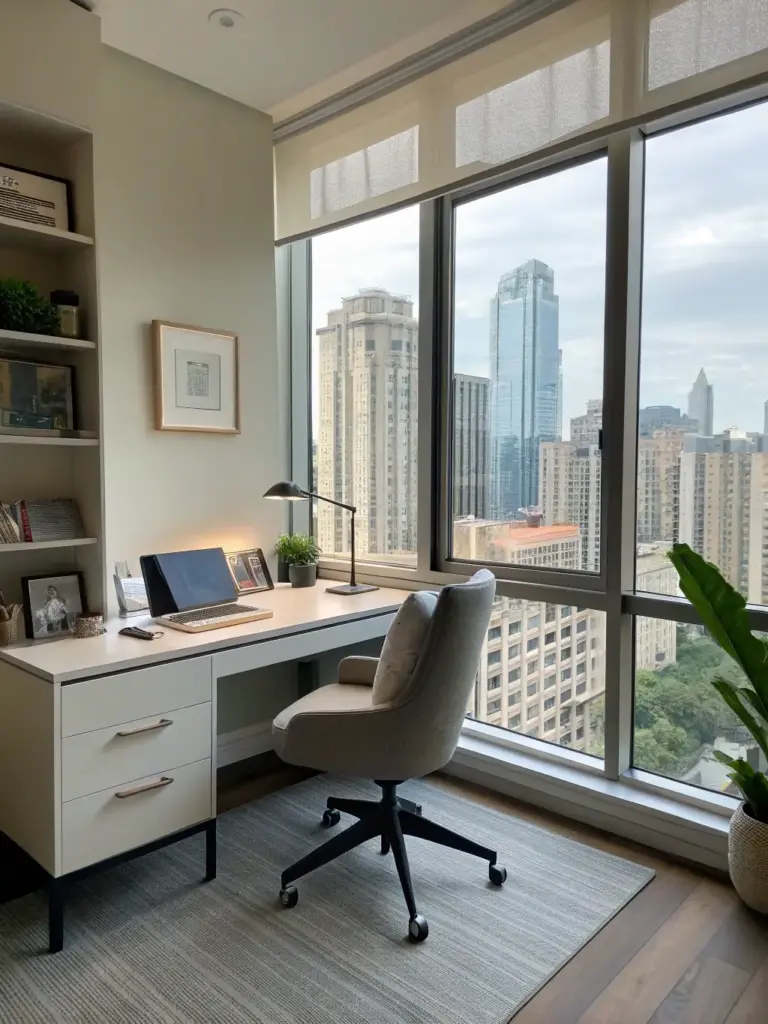 A modern office space with sleek furniture, ergonomic design, and ambient lighting, reflecting Axis Decoration's expertise in creating functional and stylish commercial interiors.
