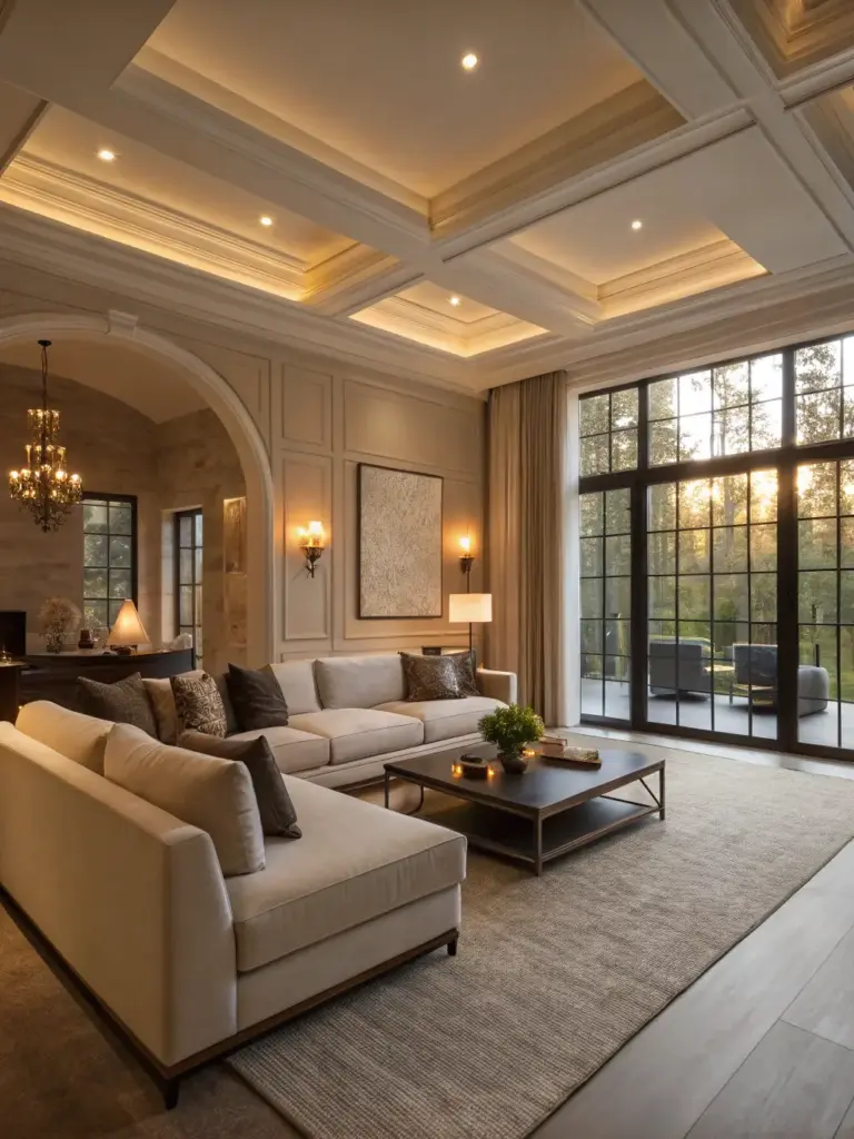 A brightly lit, spacious living room featuring custom-designed furniture, high-end finishes, and elegant decor, showcasing Axis Decoration's luxury interior design capabilities.