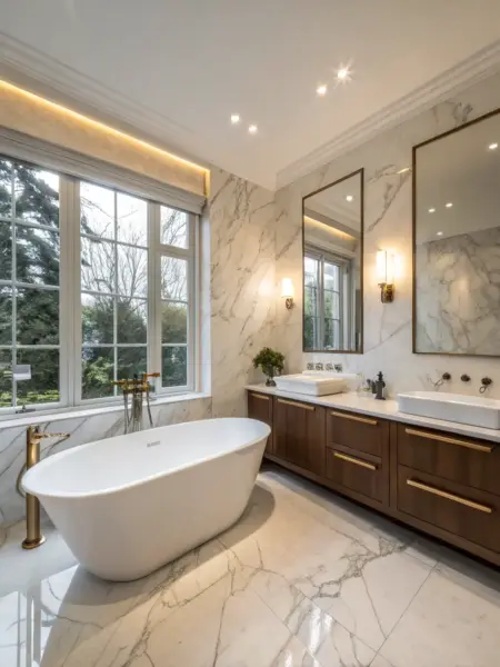 A luxurious bathroom featuring marble finishes, high-end fixtures, and a relaxing ambiance, showcasing Axis Decoration's attention to detail and commitment to creating spa-like retreats.