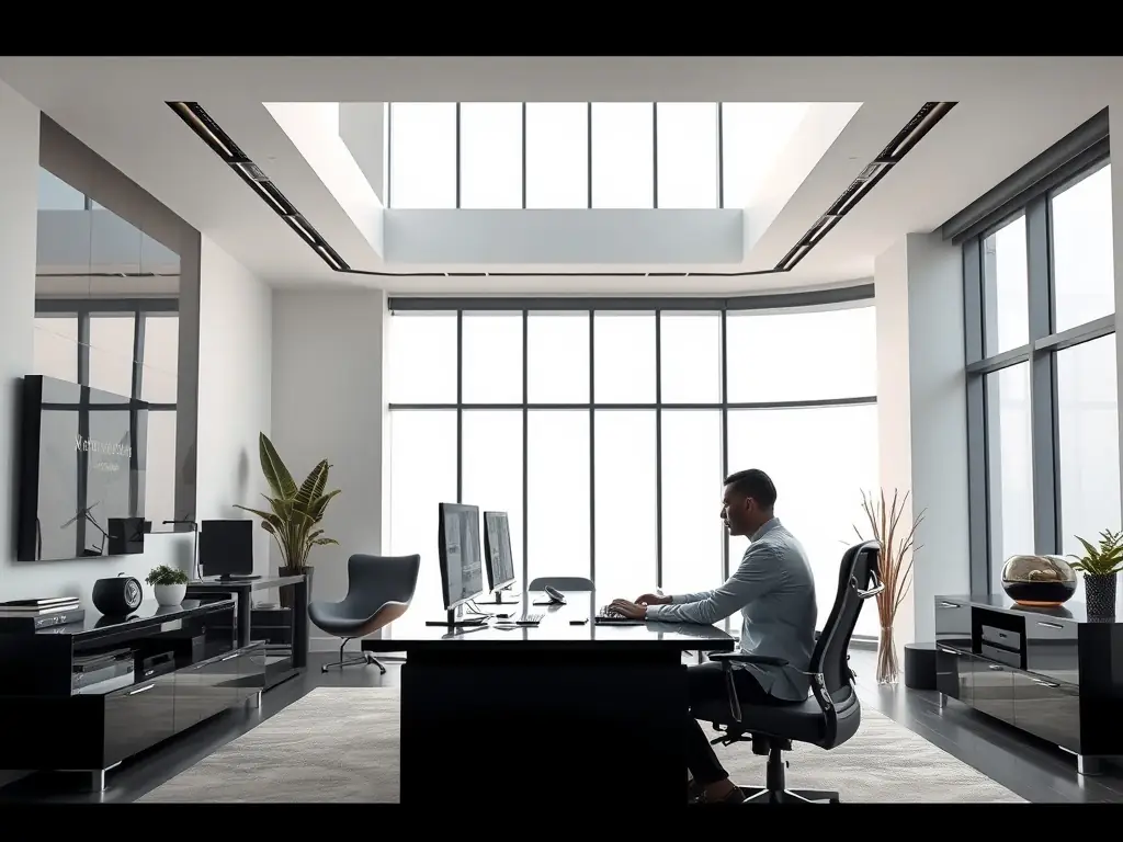 A modern office space featuring sleek design, ergonomic furniture, and optimized lighting, demonstrating Axis Decoration's ability to create functional and aesthetically pleasing commercial interiors.