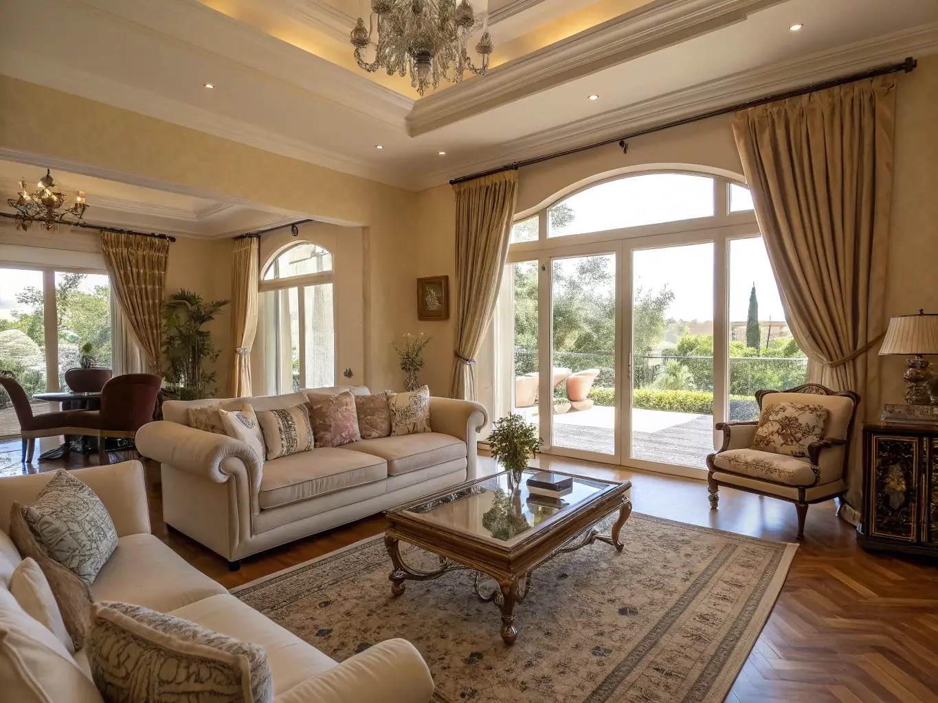 A brightly lit, spacious living room in a luxury villa, showcasing elegant furniture, marble accents, and ambient lighting, reflecting Axis Decoration's expertise in luxury interior design.